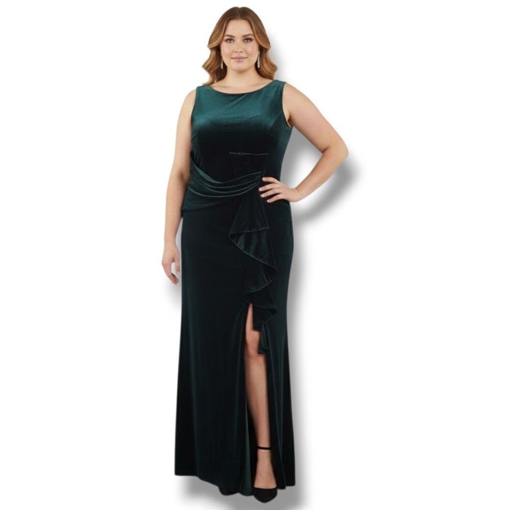 Betsy & Adam Maxi Dress Green Velvet 16 Sleeveless Ruffle Slit Holiday Christmas